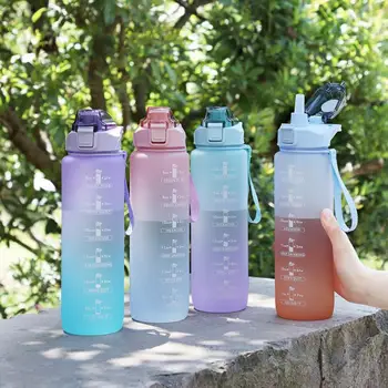 Liter Vody Fľašu s Slamy Ženy, Dievčatá, Veľké Prenosné Cestovné Fľaše Športové Fitness Cup Leto Studenej Vody s Časovom Meradle