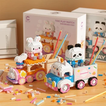 Kawaii Cartoon Panda Králik Auto 3D Model Stavebné Bloky, Perá, Kontajner Zostaviť Mini Micro Tehly Hračky Pre Deti Vianočný Darček